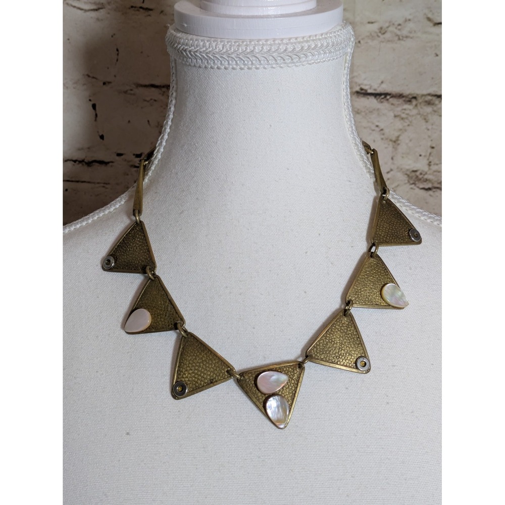 Vintage Brass Tone Necklace Abstract Triangular Links Hammered Brutalist 16"